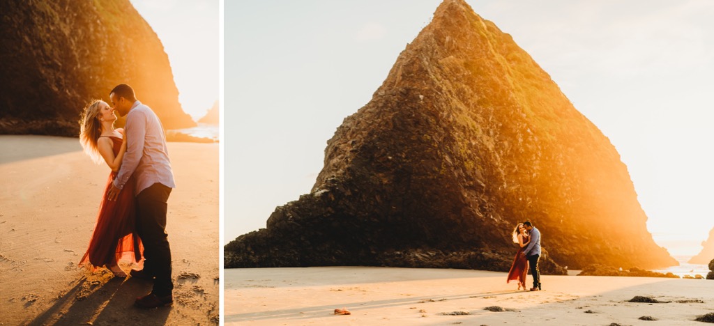 sunset engagement photos on Arch Cape beach Oregon